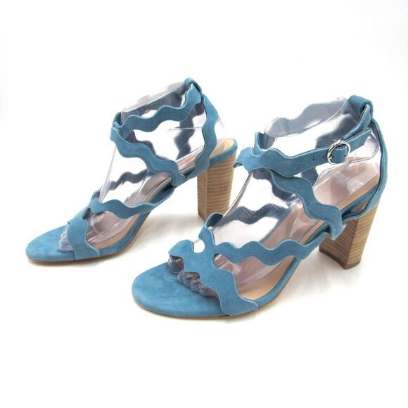 Paige Sage Scallop Suede Block Heel Shoes Sandals - Picture 4 of 9